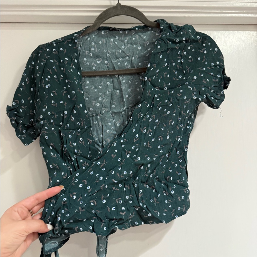 Brandy Melville Teal Floral Wrap Blouse
